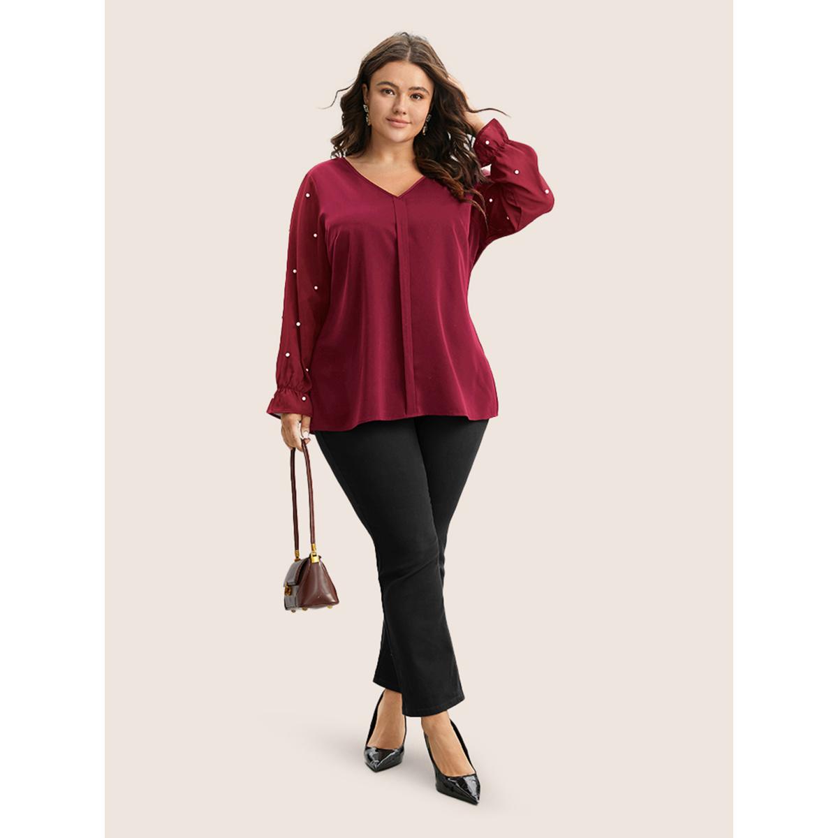 Plus Size Scarlet Pearl Beaded Mesh Patchwork Ruffles Blouse Women Timeless Long Sleeve V-neck Elegant Blouses BloomChic 12/L Product Image