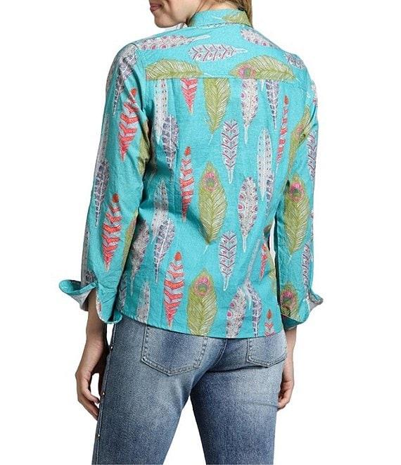 APNY Printed Spread Collar Neckline Long Sleeve Button Front Top Product Image