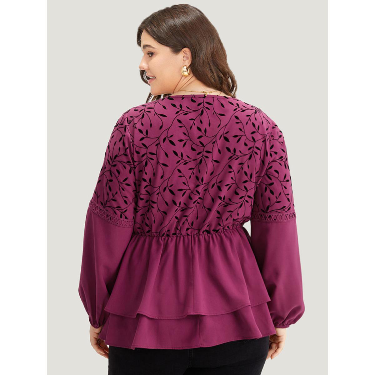 Plus Size RedViolet Silhouette Floral Print Lace Patchwork Layered Hem Blouse Women Elegant Long Sleeve V-neck Dailywear Blouses BloomChic 26/4X Product Image