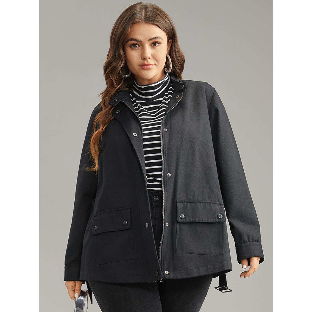 Plus Size Cotton Solid Belted Flap Pocket Coat Women Black Casual Plain Ladies Dailywear Winter Coats BloomChic 14-16/1X Product Image
