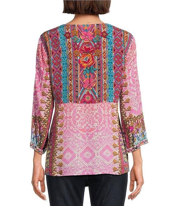 John Mark Embroidered Floral Print Split V-Neck 3/4 Sleeve Tunic Product Image
