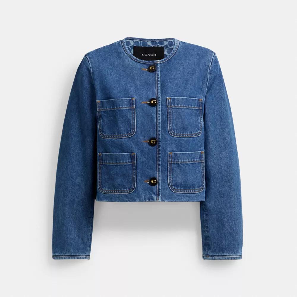 Collarless Denim Jacket In Organic Cotton Product Image