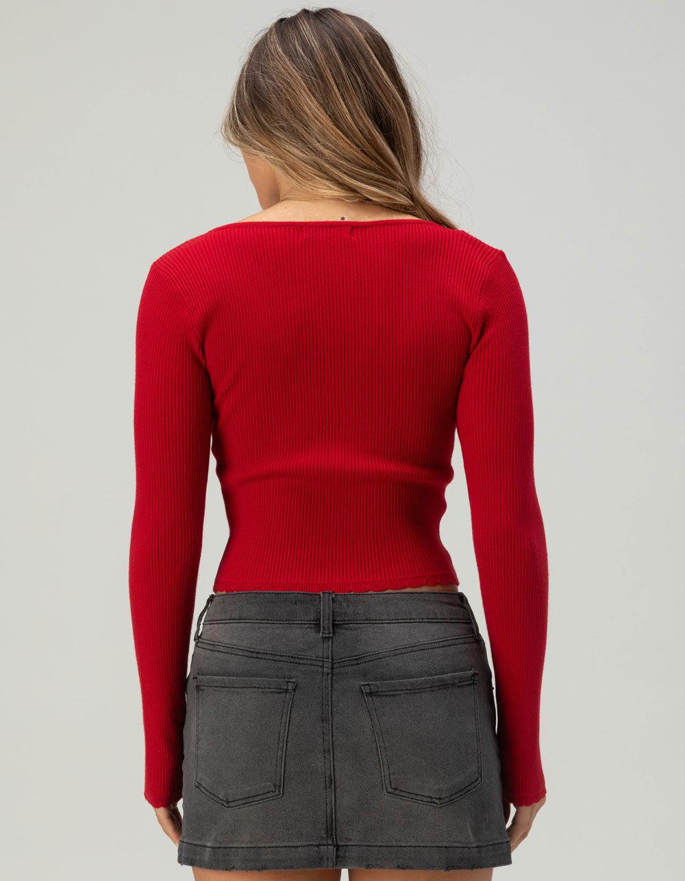 RSQ Womens Long Sleeve Square Neck Rib Bow Top - RED Product Image