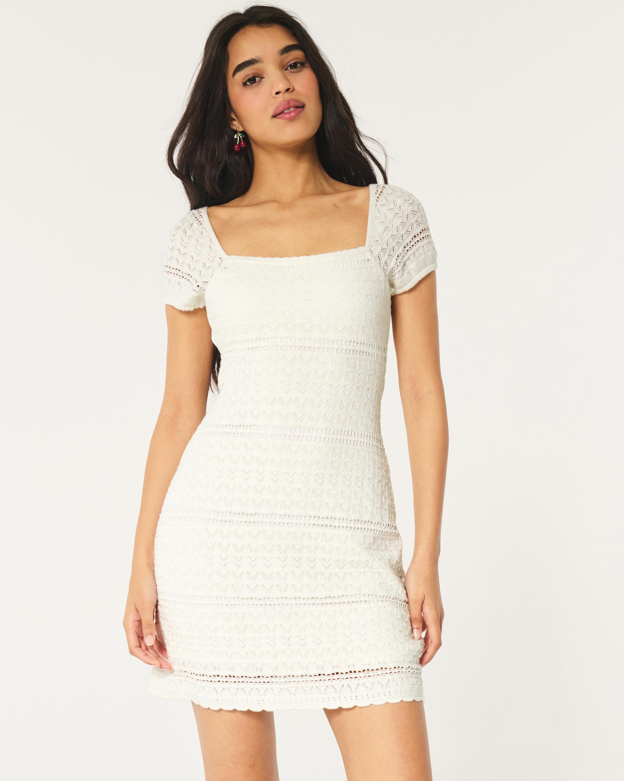 Short-Sleeve Crochet-Style Twist Back Mini Dress Product Image
