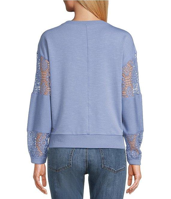 Nurture Petite French Terry Lace & Rib V-Neck Drop Shoulder Front Pocket Knit Pullover Product Image