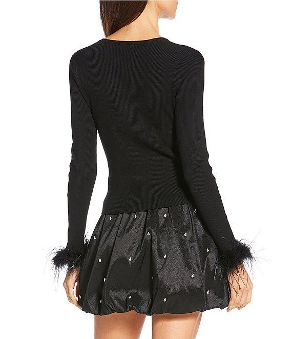 Gianni Bini Farrah Feather Trim Crewneck Long Sleeve Sweater Cardigan Product Image