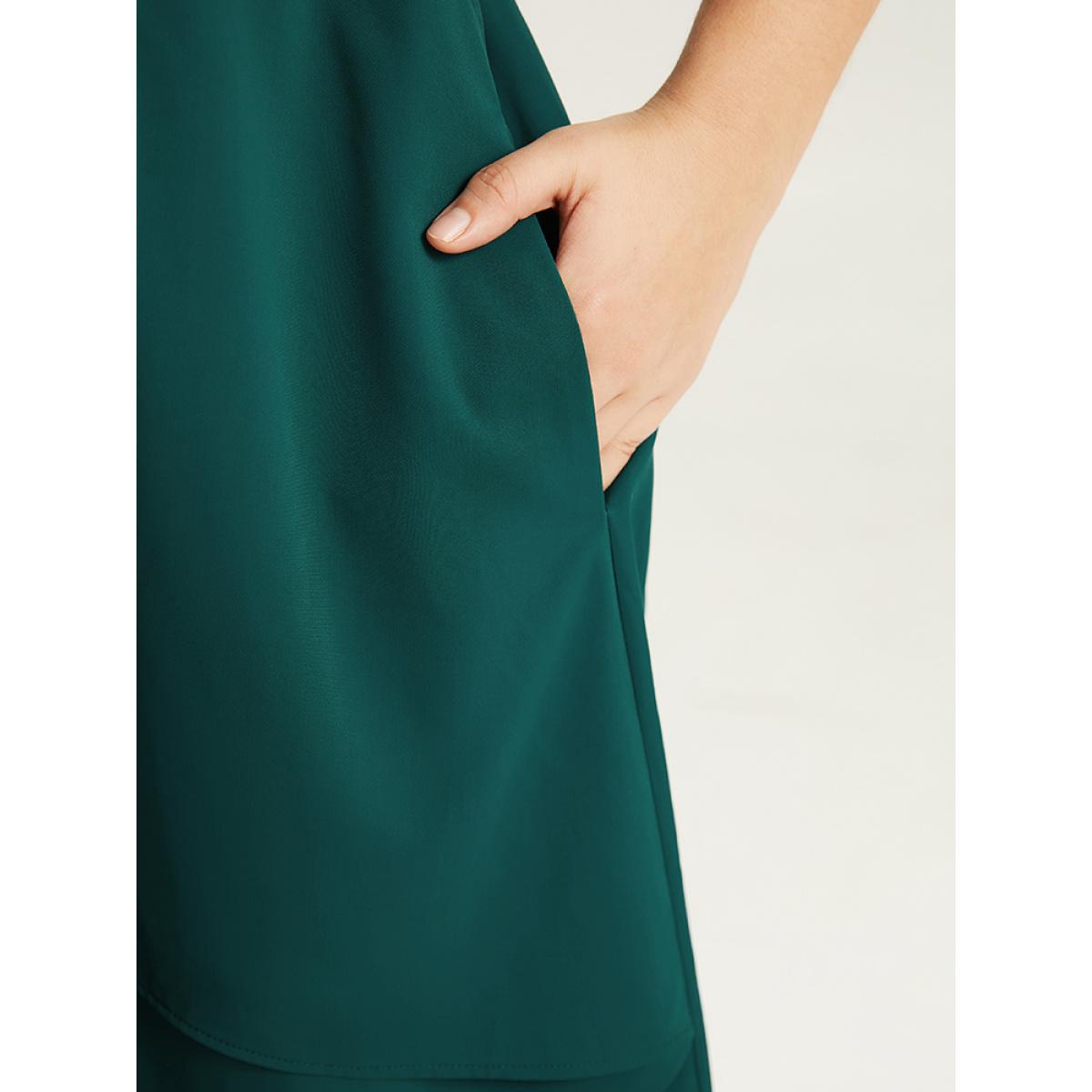 Plus Size Twill Flutter Shirred Asymmetrical Layered Hem Dress Teal Women At the Office Elastic cuffs Round Neck Elbow-length sleeve Curvy Midi Dress BloomChic 10/M Product Image