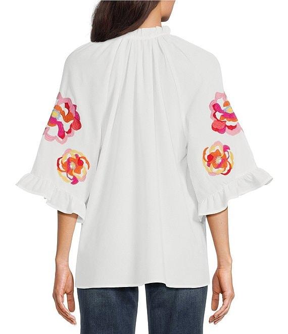 Calessa Embroidered Ruffle Split V-Neck Elbow Sleeve Tunic Product Image