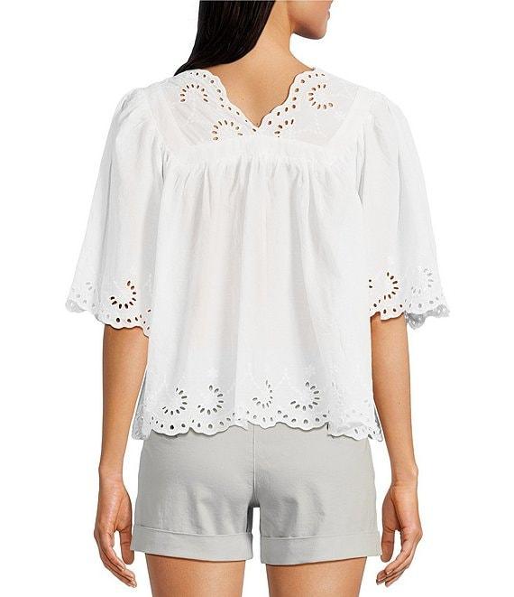 Dear John Lania Woven V-Neck 3/4 Sleeve Embroidered Scalloped Blouse Product Image