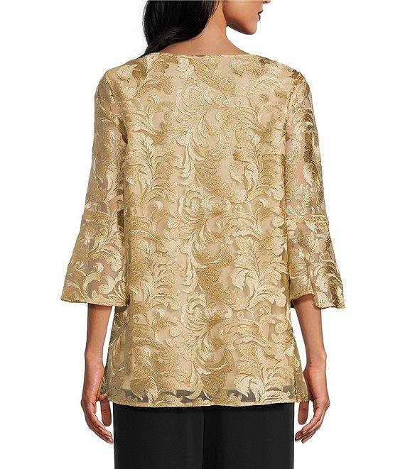 Caroline Rose Bella Soiree Embroidered Mesh Lace Scoop Neck 3/4 Bell Sleeve Tunic Product Image