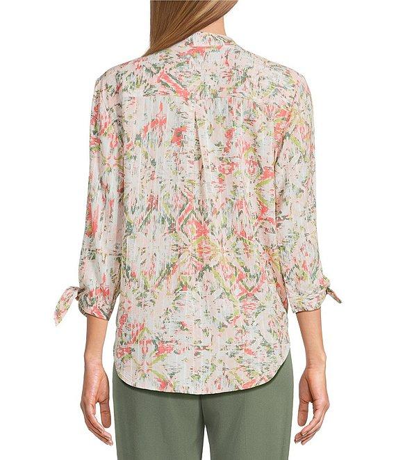 Allison Daley Ikat Diamond Print 3/4 Tie Sleeve Y-Neck Button Front Tie-Hem Blouse Product Image