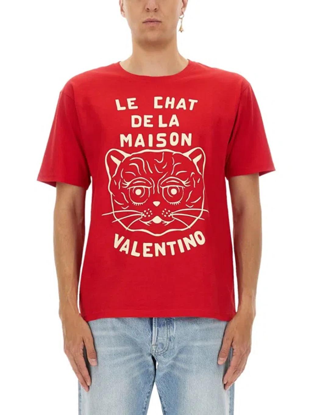 VALENTINO Graphic Print House Cat Crew Neck T-shirt In Red Product Image