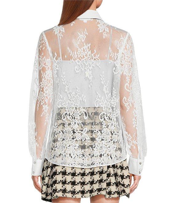 A Loves A Poplin Point Collar Bow Tie Neck Sheer Illusion Lace Long Sleeve Button Front Shirttail Blouse Product Image