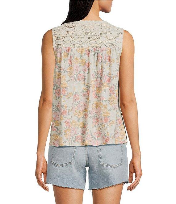 Lucky Brand Knit Printed V-Neck Sleeveless Lace Trim Top Product Image