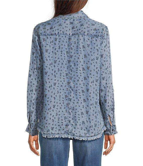 Tru Luxe Jeans Tonal Floral Chambray Point Collar Roll Tab Sleeve Button Front Shirt Product Image