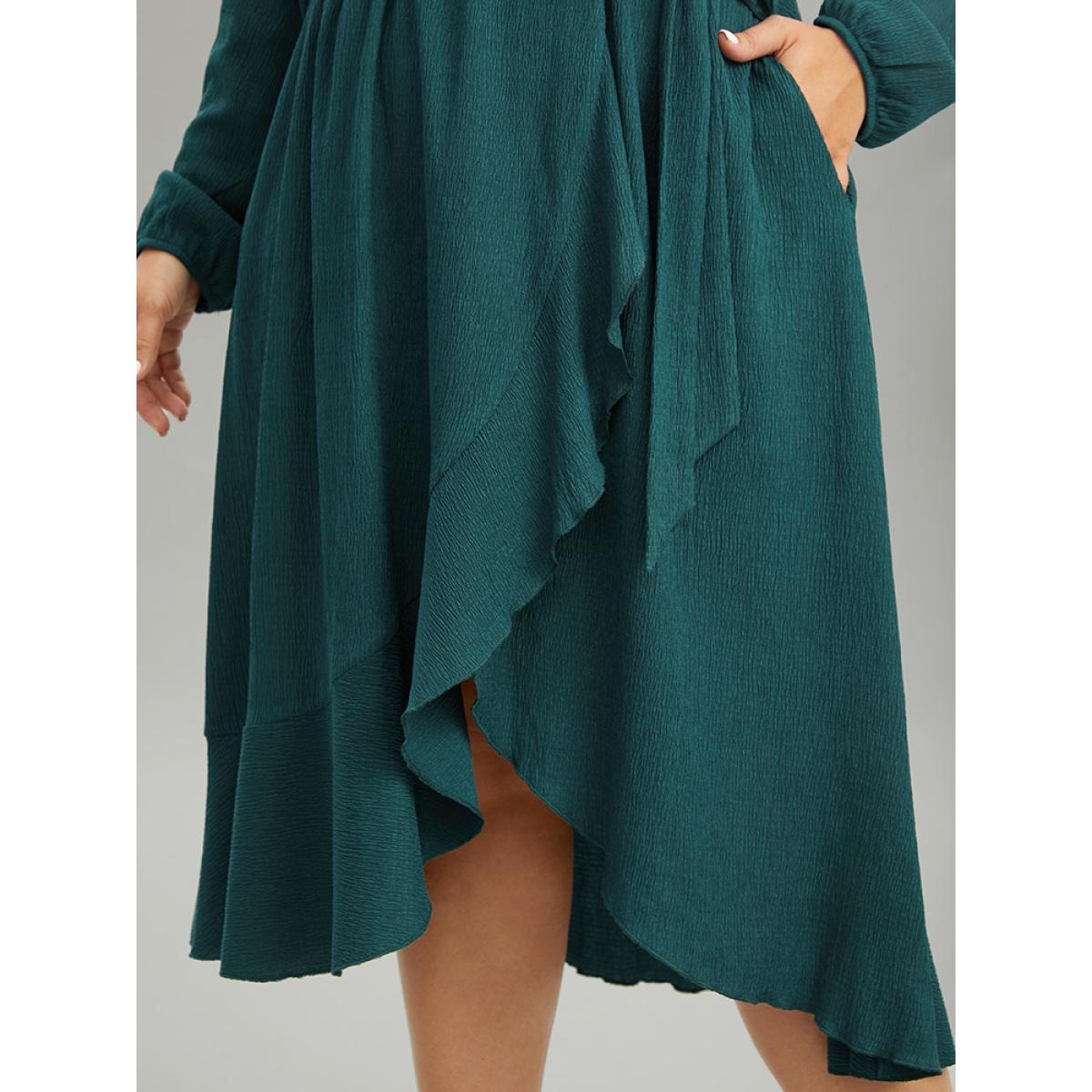 Plus Size Plain Texture Belted Wrap Arc Hem Lantern Sleeve Dress Aegean Women Glamour Elastic cuffs V-neck Long Sleeve Curvy Midi Dress BloomChic 12/L Product Image