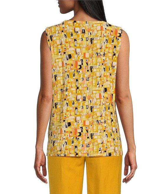 Kasper Abstract Print Pleated Keyhole Neck Sleeveless Fitted Top Product Image