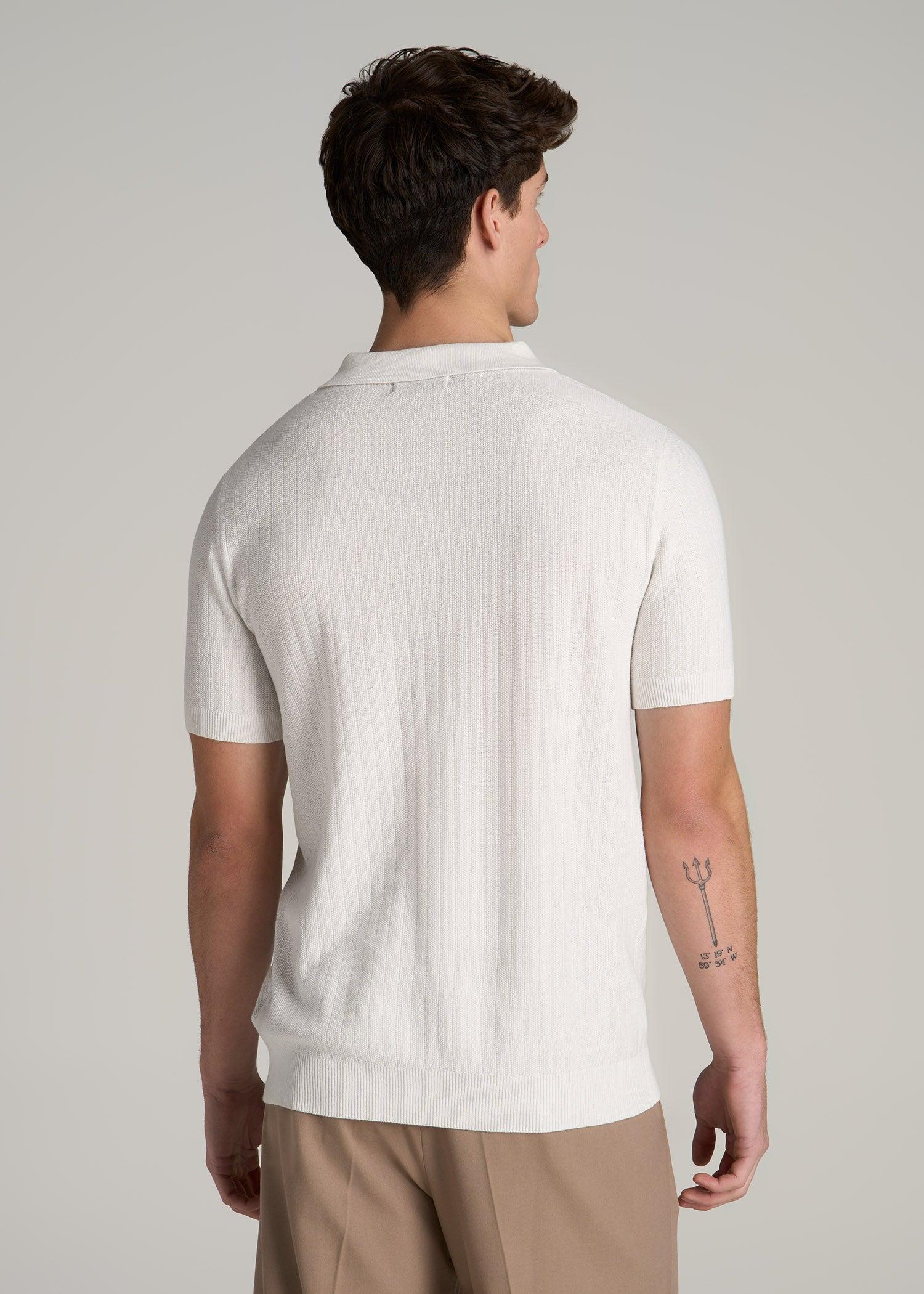 Linen Blend Ribbed Knit Polo Shirt for Tall Men in Stone Male Product Image