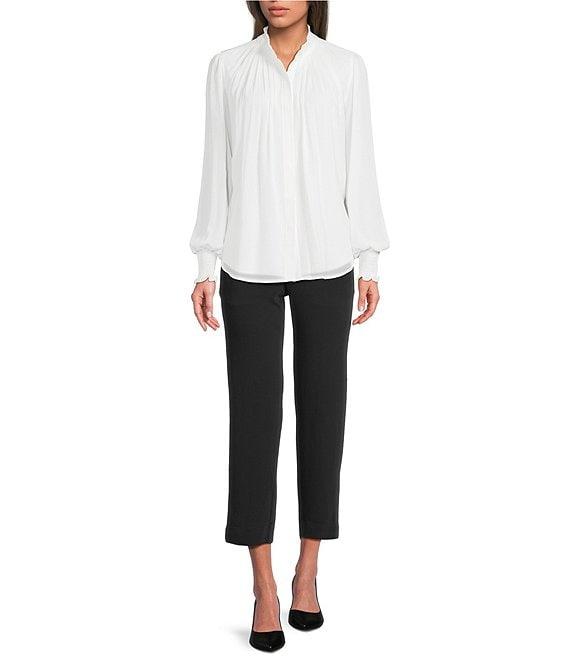 KARL LAGERFELD PARIS Round Neck Long Smocked Sleeve Button Front Blouse Product Image