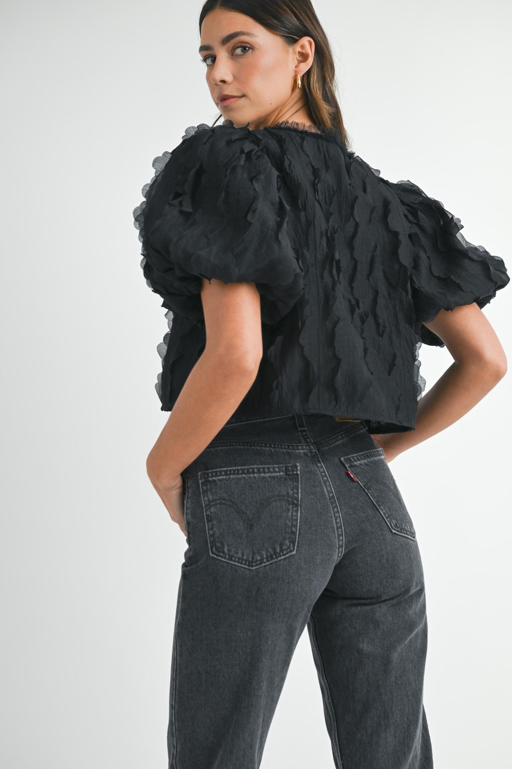 Textured Scallop Puff Sleeve Blouse Top Product Image