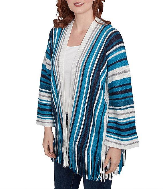 Ruby Rd. Metallic Striped Long Sleeve Fringed Hem Open-Front Car Sweater Product Image