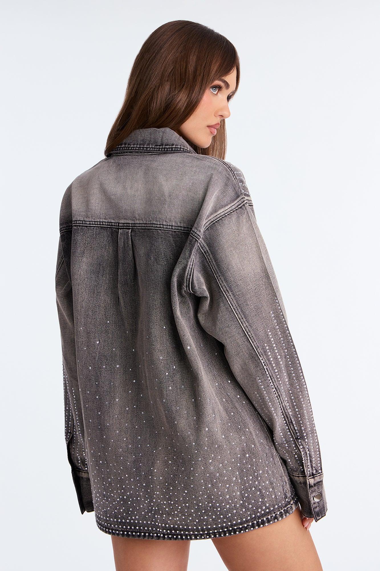 Chasing A Dream Embellished Denim Shacket - Grey Female Product Image