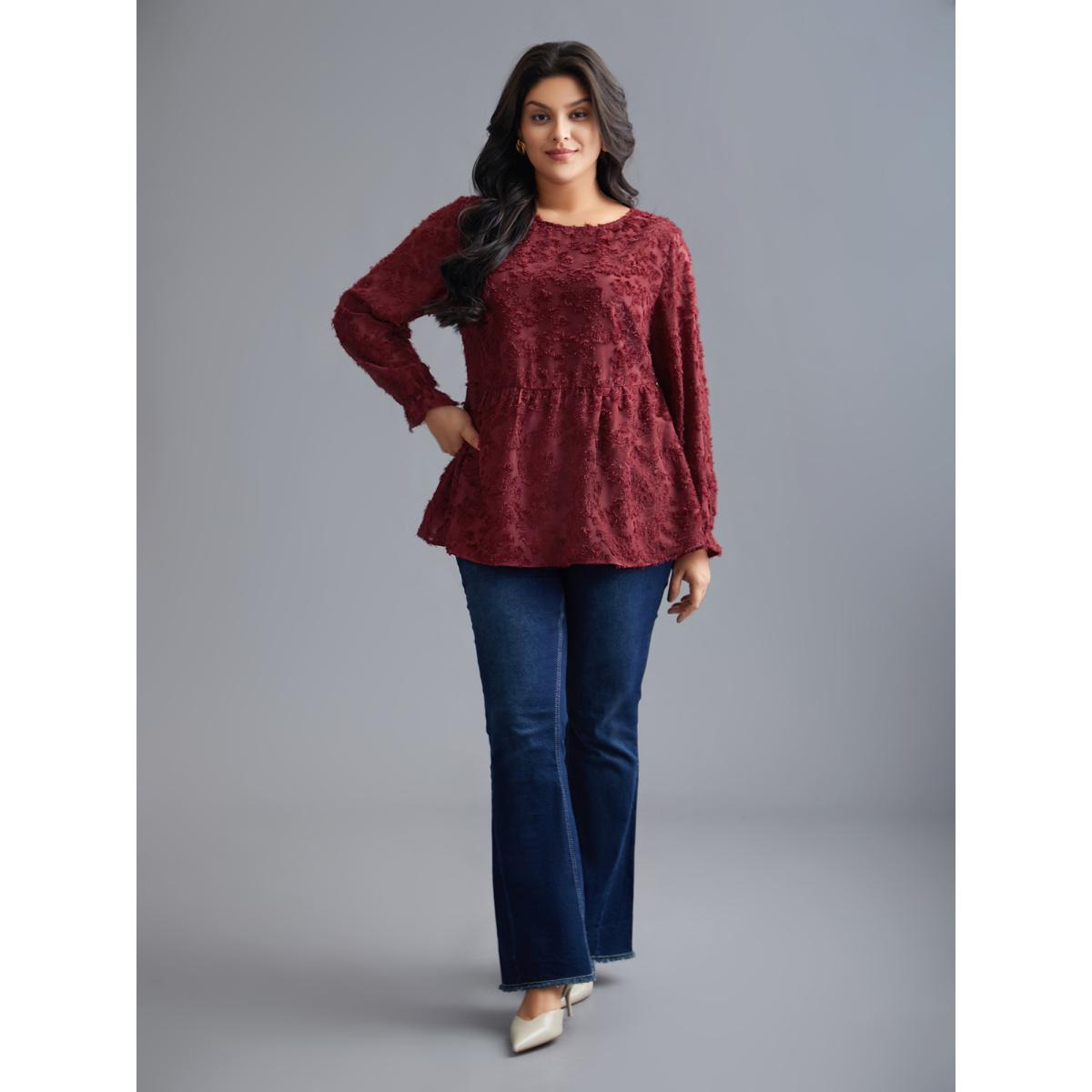 Plus Size Scarlet Round Neck Jacquard Plisse Ruched Blouse Women Elegant Long Sleeve Round Neck Everyday Blouses BloomChic 30/6X Product Image