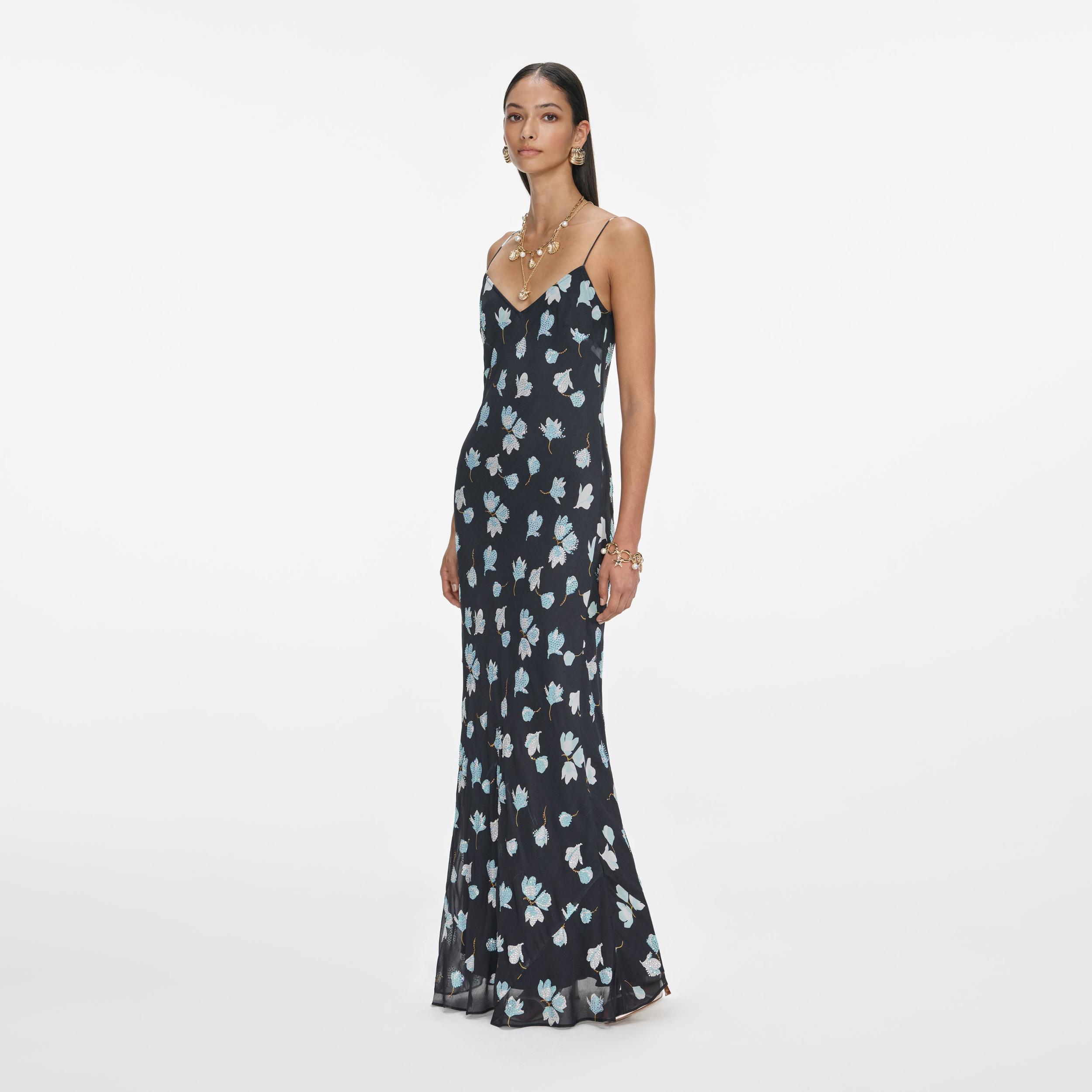Navy Floral Rhinestone Maxi Dress Product Image