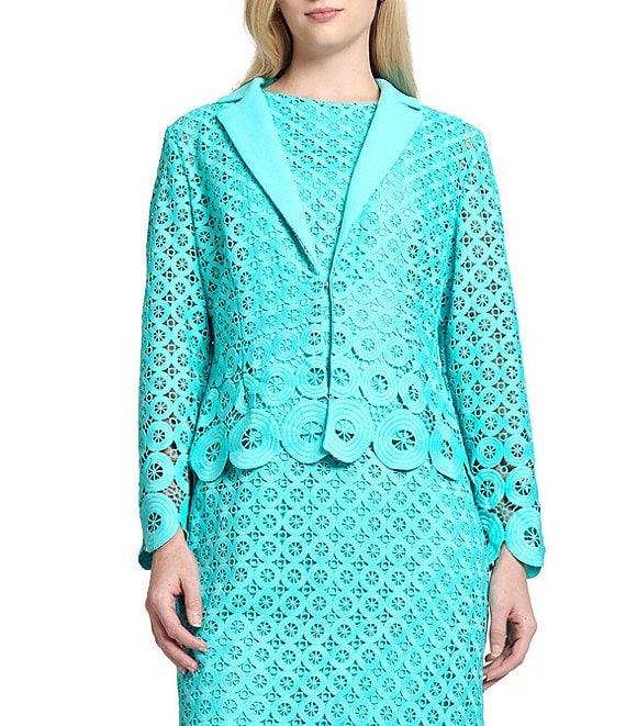 Ming Wang Eyelet Lace Cutout Notch Lapel V-Neck Long Sleeve Jacket Product Image