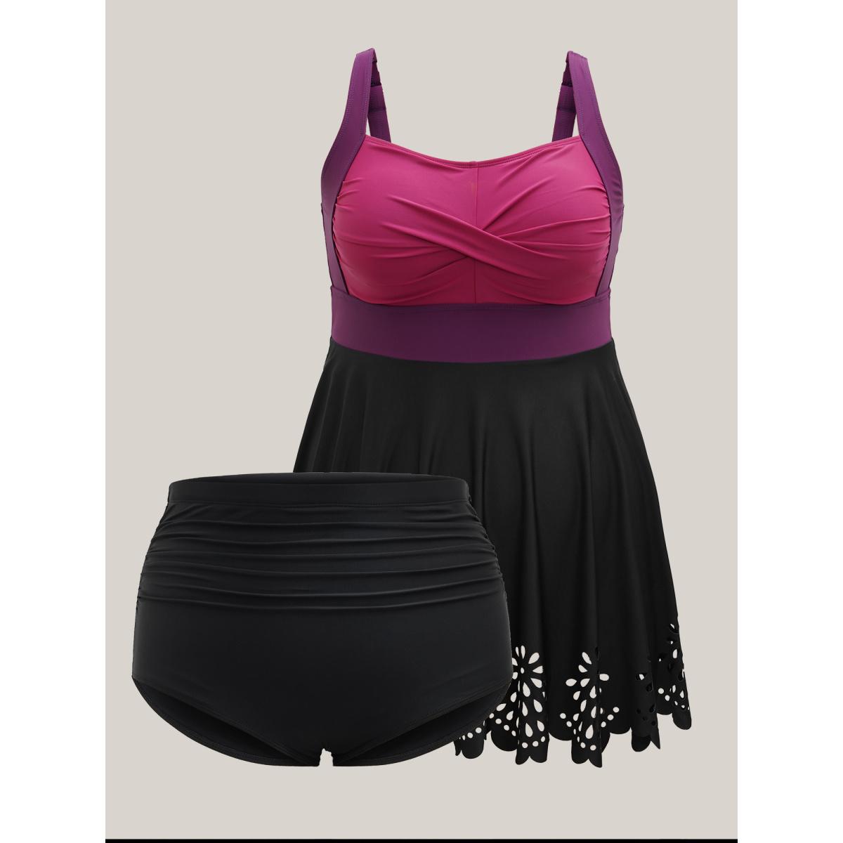 Plus Size Twist Front Laser Cut Swim Dress Women's Swimwear Deeppurplered Beach Bodycon Square Neck High stretch Curve Swim Dresses BloomChic 22-24/3X Product Image