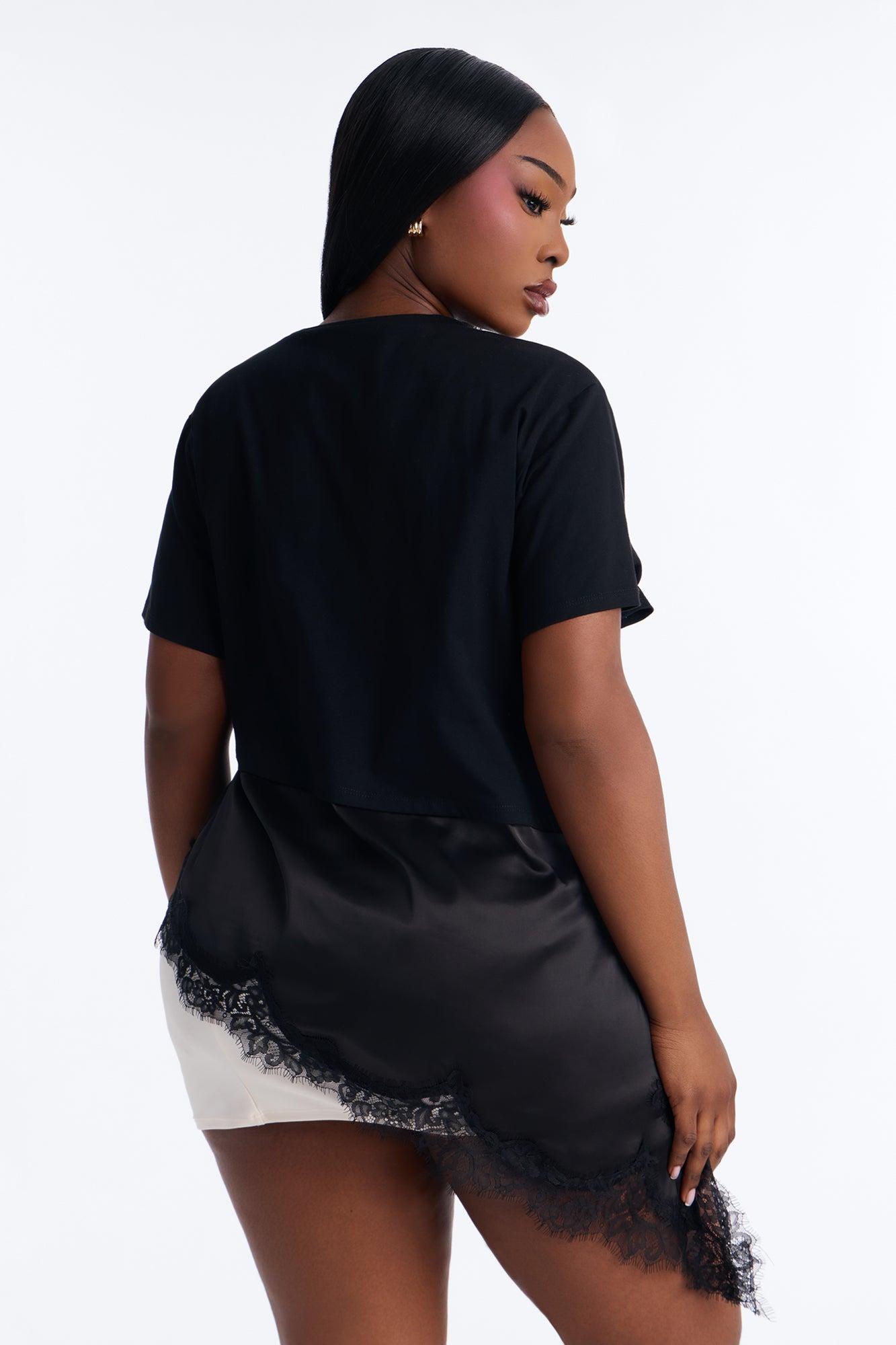 Mia Long Asymmetrical Lace Trim Short Sleeve T-Shirt - Black Female Product Image