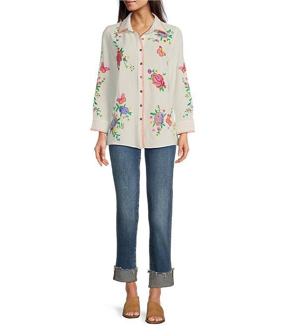 Calessa Crinkle Woven Embroidered Point Collar Long Sleeve Button-Front Shirt Product Image