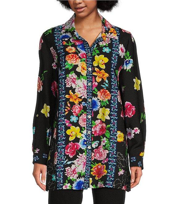 John Mark Floral Point Collar Long Roll-Tab Sleeve Button-Front Tunic Product Image