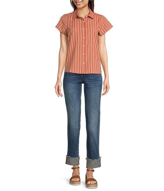 Aventura Aubrey Organic Cotton Stripe Print Woven Spread Collar Cap Sleeves Button Front Top Product Image