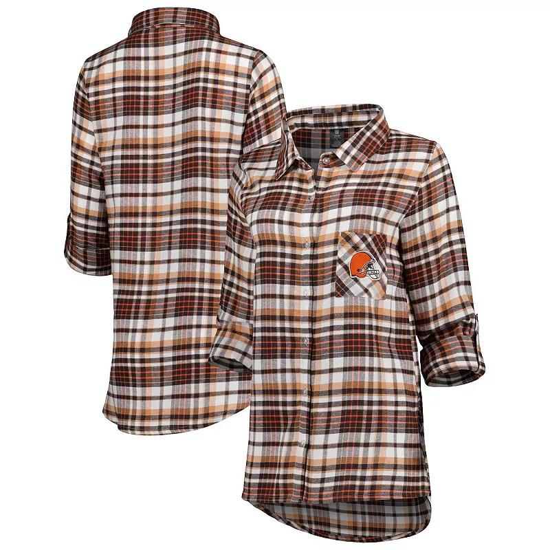 Women's Concepts Sport Brown Cleveland Browns Mainstay Plaid Full-Button Long Sleeve Nightshirt,  Product Image
