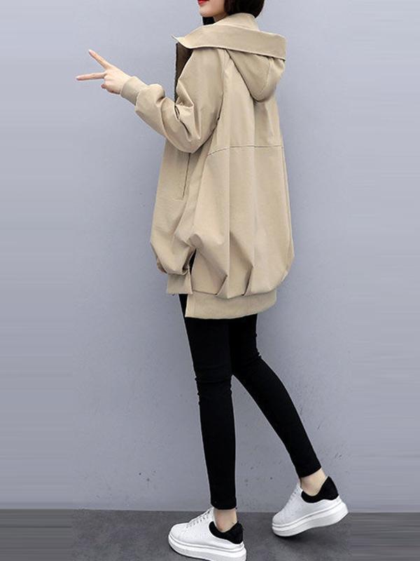 Casual Loose 4 Colors Pleated Zipper Hooded Long Sleeves Outwear Product Image