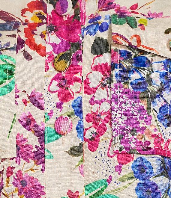 JOHNNY WAS Mixed Floral Printed Linen Point Collar 3/4 Sleeve Peplum Hem Jacket Product Image