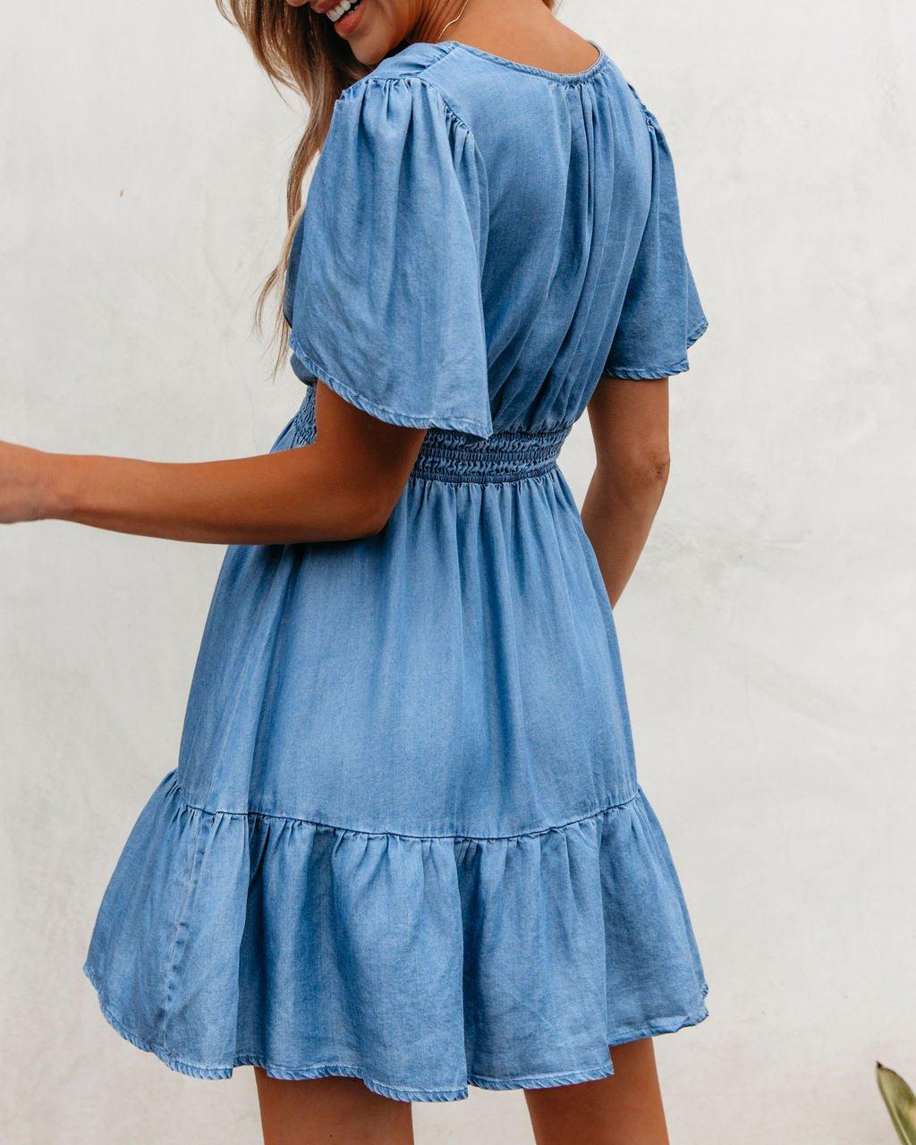 Chambray Split Neck Smocked Mini Dress - DOORBUSTER Product Image