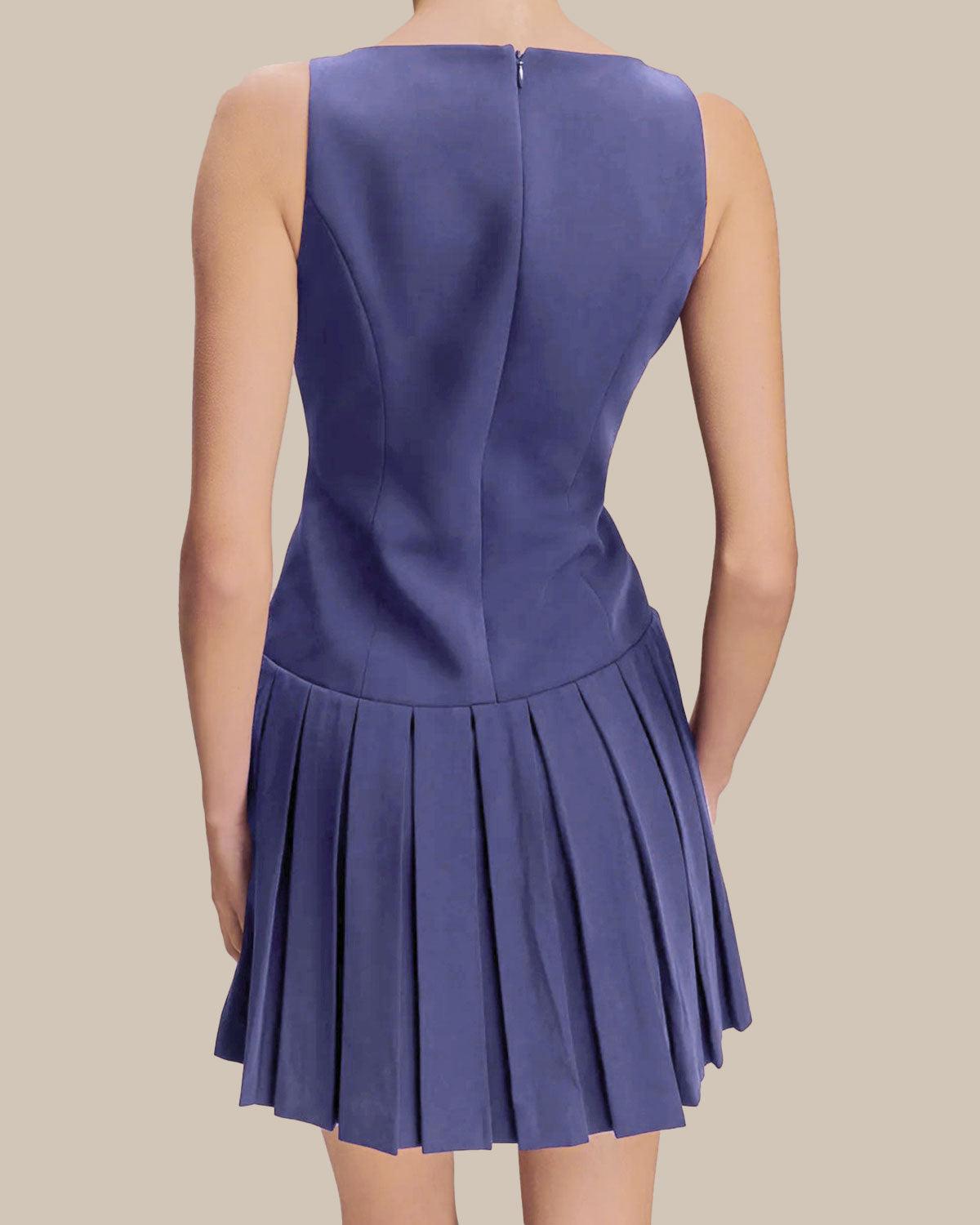 Blue Boat Neck Button Sleeveless Mini Dress Product Image
