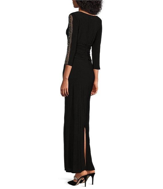 Ignite Evenings Petite Size Boat Neck 3/4 Embellished Sleeve Ruched Waist Sheath Dress Product Image