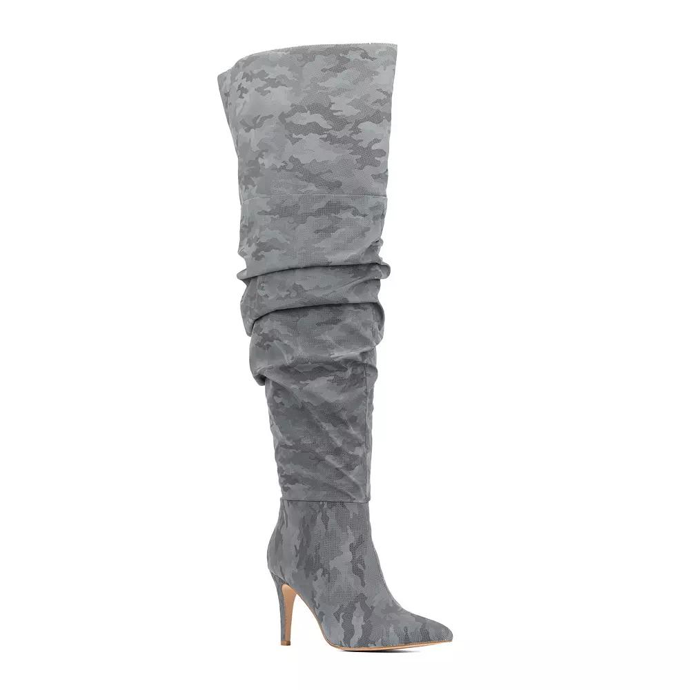 Women's Fashion to Figure Sana Scrunched Thigh-High Wide Width Boots, Size: 8 Wide, Silver Reflective Camo Product Image