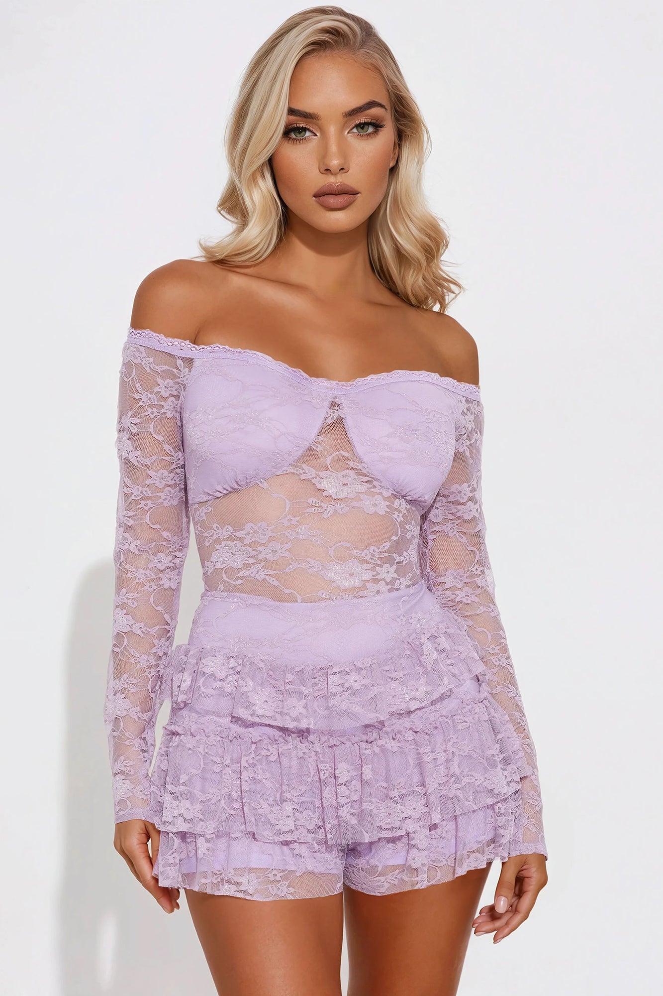 Adryana Ruffled Lace Romper - Lavender Product Image