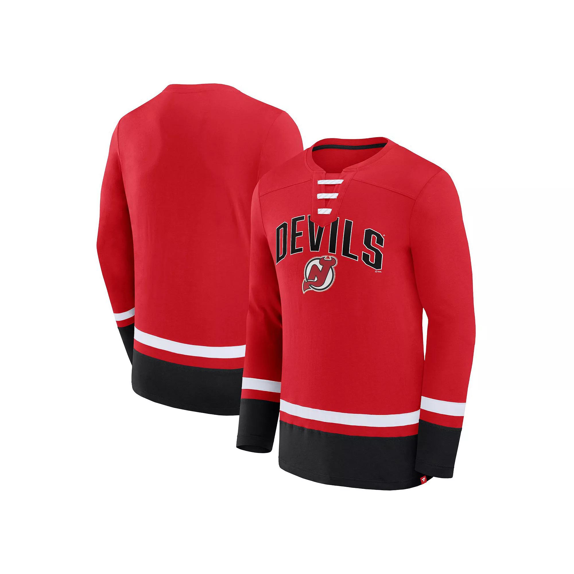 Men's Fanatics Branded Red New Jersey Devils Back Pass Lace-Up Long Sleeve T-Shirt,  Product Image