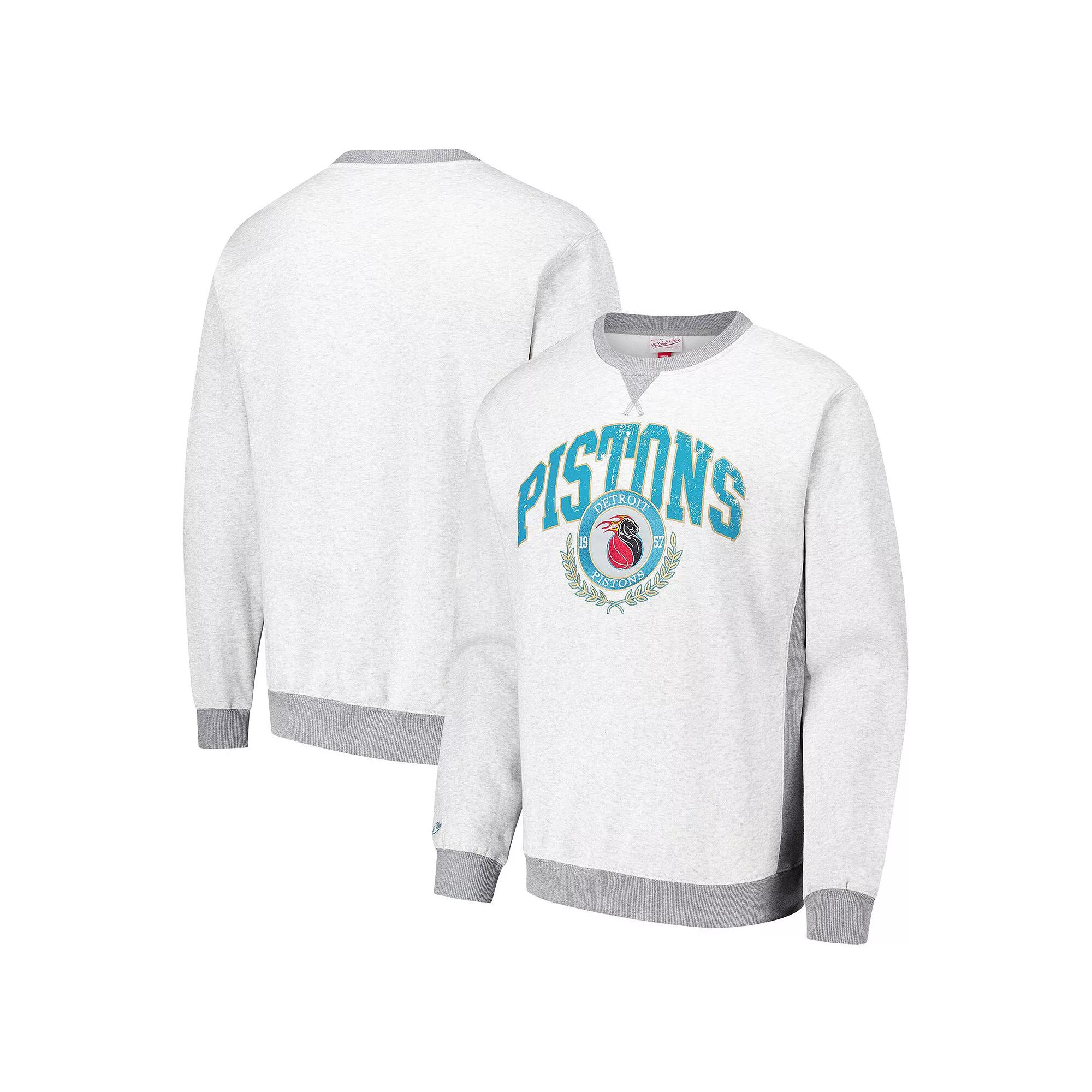 Men's Mitchell & Ness Heather Gray Detroit Pistons Vintage Logo Pullover Sweatshirt,  Product Image