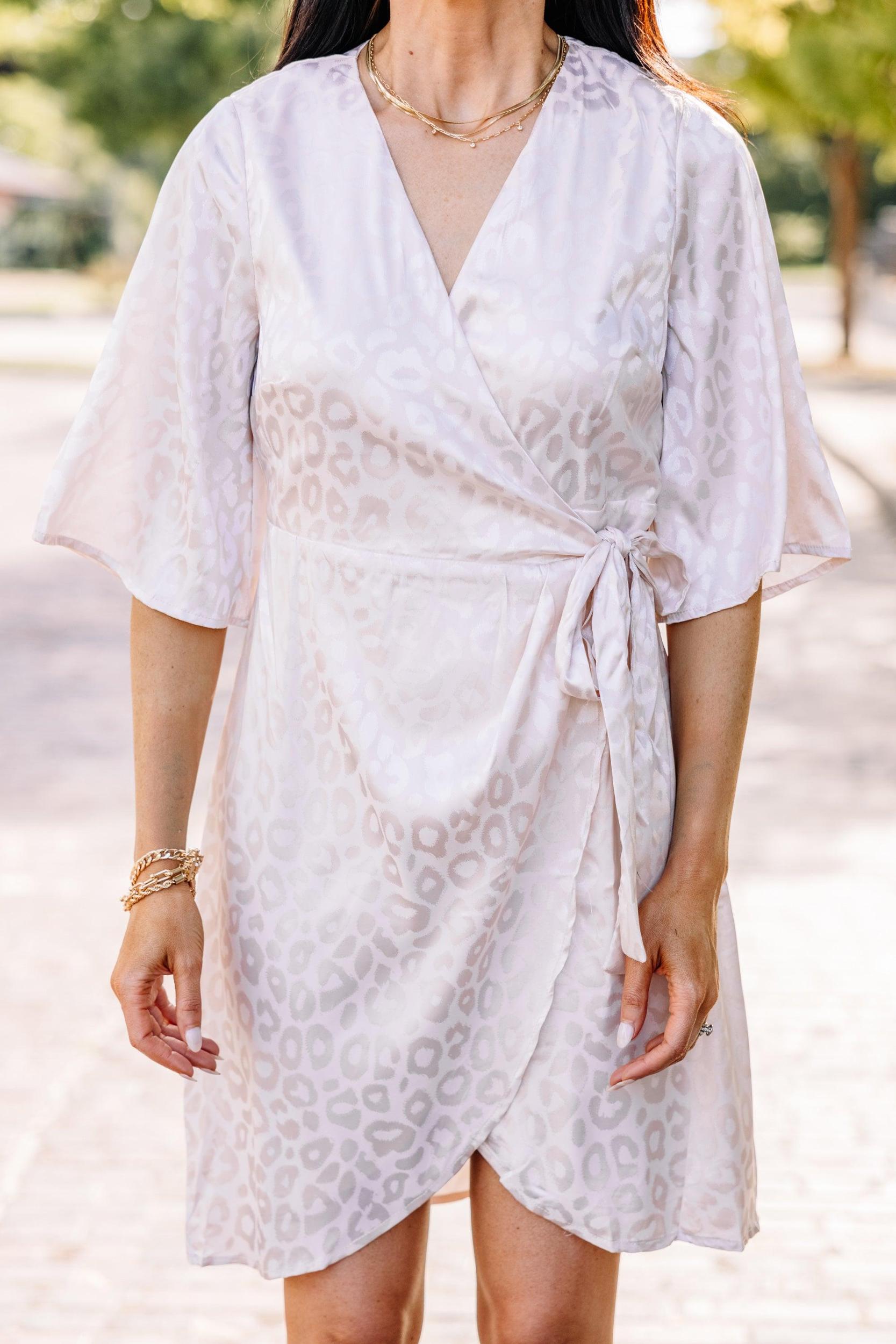 Make Your Mark Champagne White Satin Leopard Wrap Dress Female Product Image