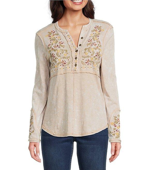 Reba Sedona Scoop Neck Long Sleeve Embroidered Henley Tee Product Image