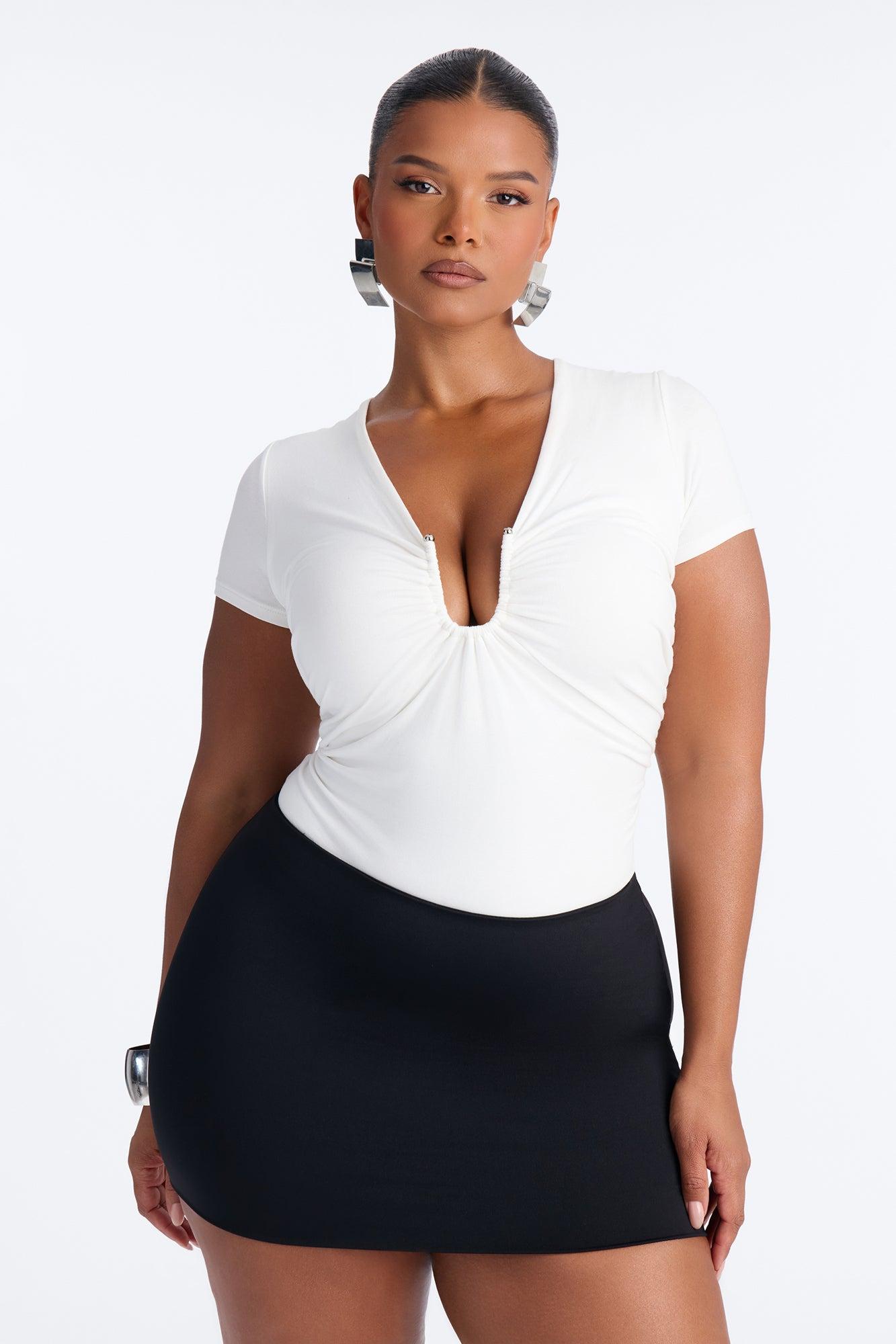 Danielle Deep V Neck Short Sleeve Bodysuit - White Female Product Image