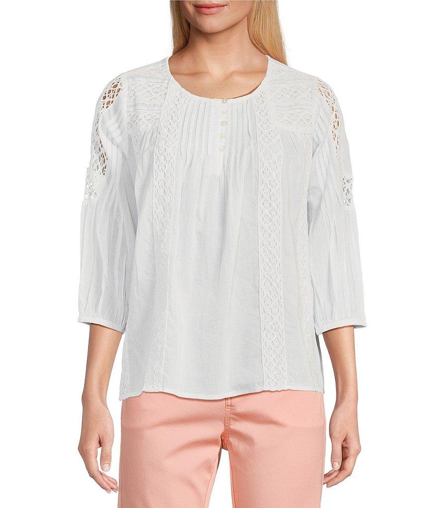 Intro Cotton Voile Crew Neck 3/4 Sleeve Lace Trim Peasant Blouse Product Image