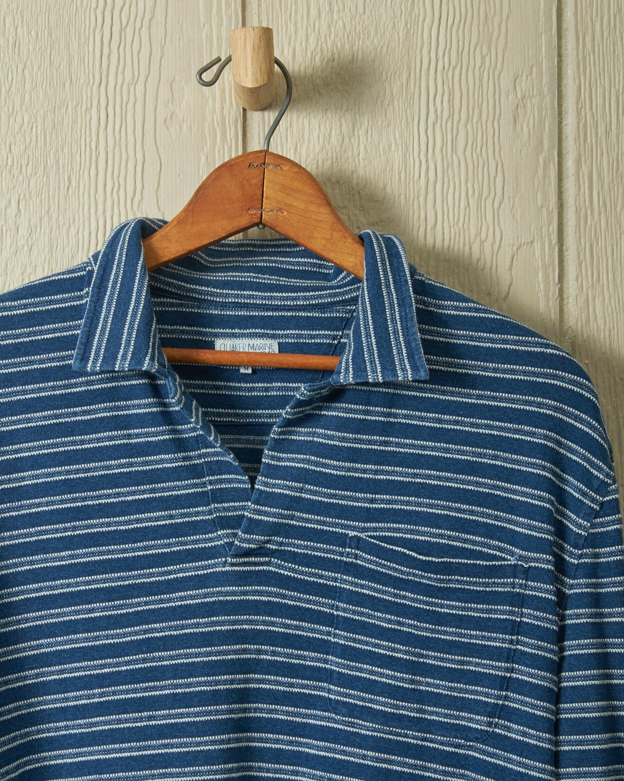 Long Sleeve Indigo Polo in Mid Wash Jacquard Stripe Product Image