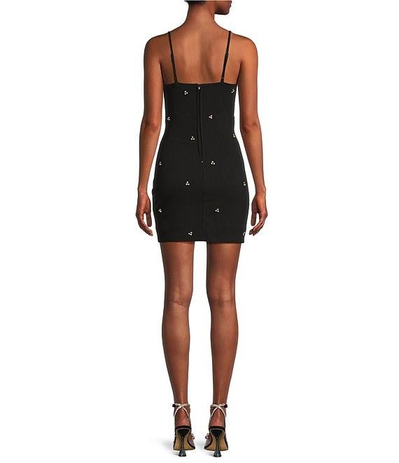 Midnight Doll Crepe Rhinestone Square Neck Spaghetti Strap Faux Wrap Mini Dress Product Image